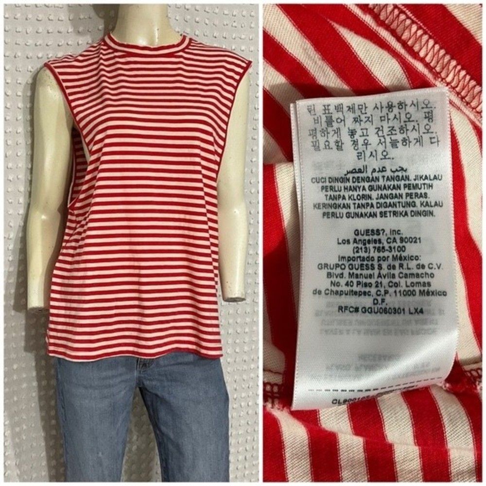 Mens Vintage Guess Jeans Red Striped Crew Neck Muscle Tee Tank Top
